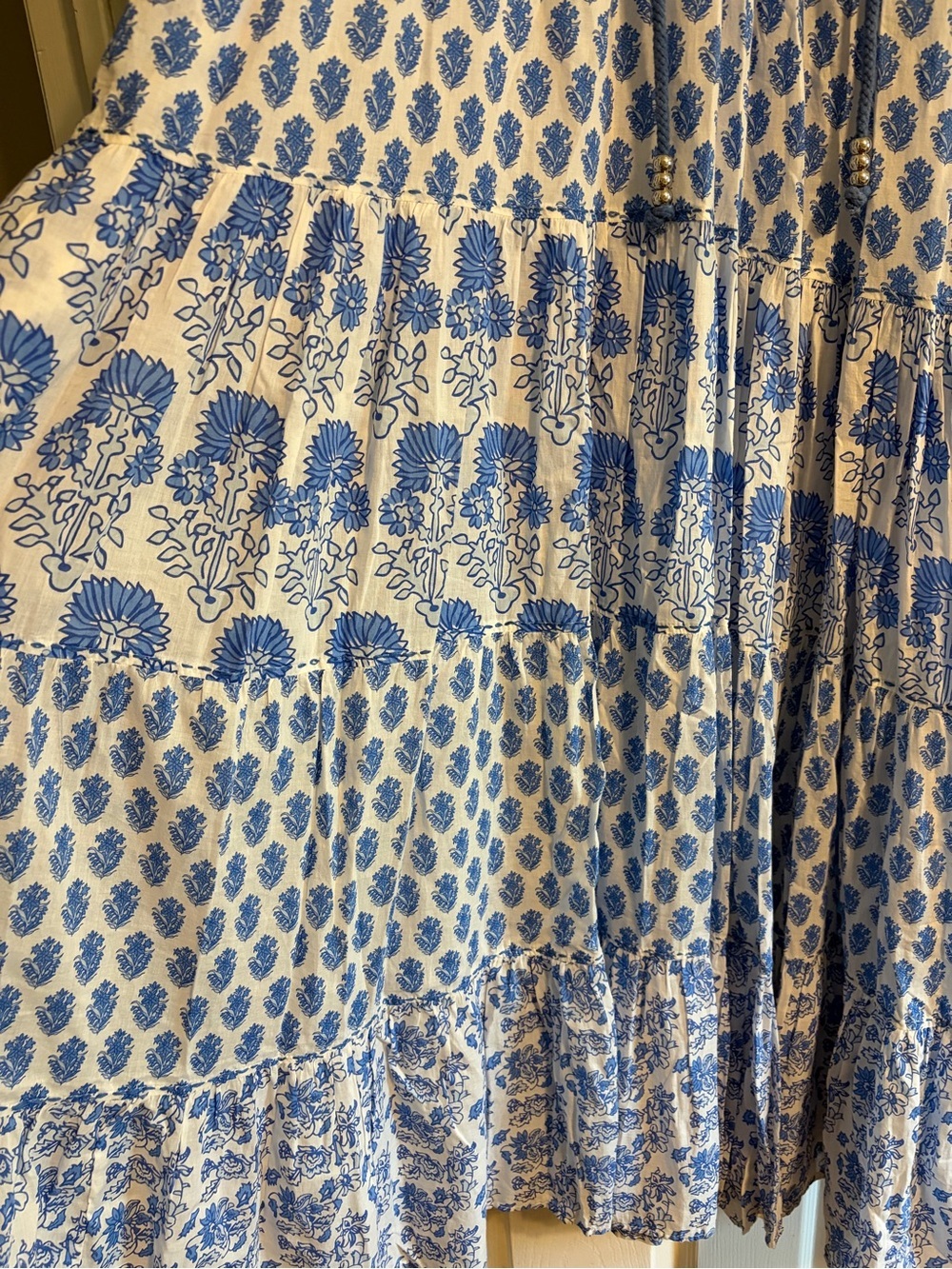 Calypso St Barth Daria Tiered Maxi Dress XS Blue White Floral Block Print Boho - Picture 2 of 7